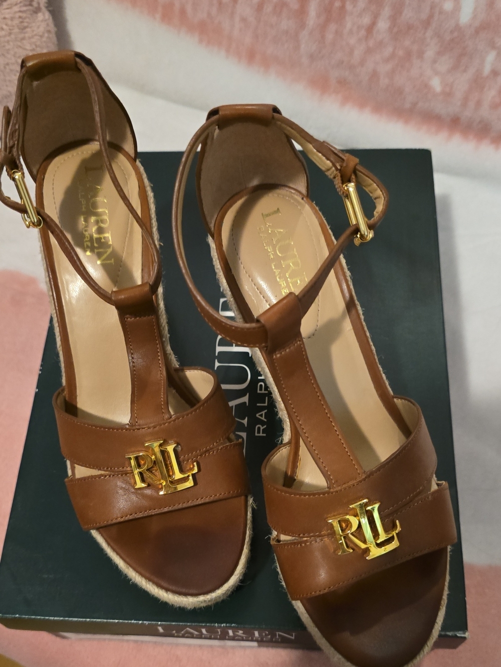 Ralph Lauren Tan Leather RL Espadrille Wedge Sandals with Gold Hardware
